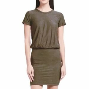 James Perse Short Sleeve Blouson Dress Green Ruched Size Large NWT